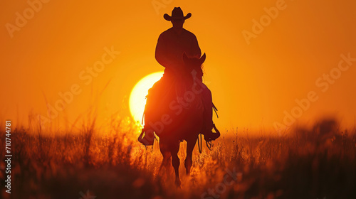 Silhouetted Cowboy on Horseback at Sunset in Rural Landscape