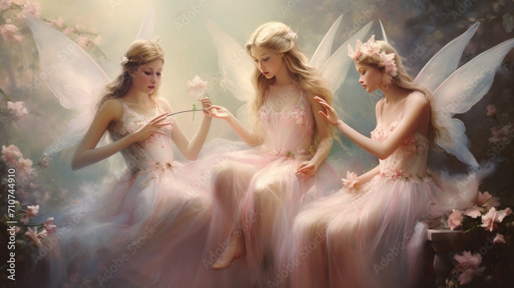  three pretty young ladies dressed in pink sitting next to each other in front of a painting of a flower fairy.
