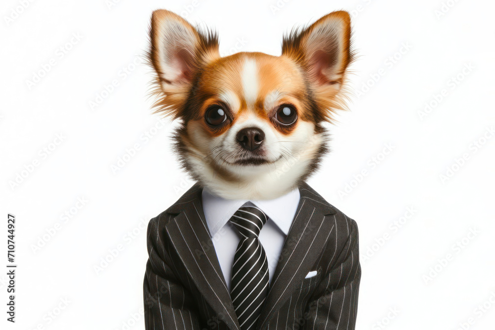 Portrait of a Chihuahua dog wearing a businessman suit and tie isolated on solid white background. ai generative