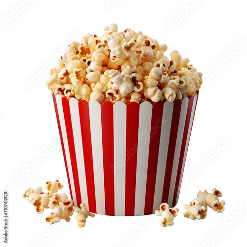 3d rendering close up red white paper bucket full of popcorn organic crispy tasty corn - isolated on transparent background png. Healthy lifestyle concept