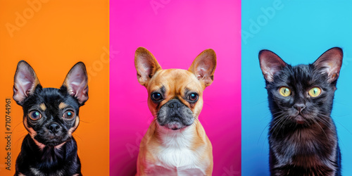 Colorful Pet Parade - A Vibrant Lineup of Dogs and a Cat Against Multicolored Backdrop