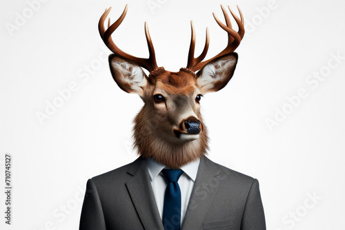 Portrait of a deer wearing a businessman suit and tie isolated on solid white background. ai generative © Igor