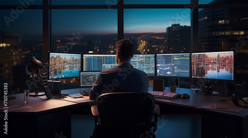 A man wearing glasses is working late, focused on complex data analytics shown on several monitors, surrounded by the soft glow of office lights, generative ai