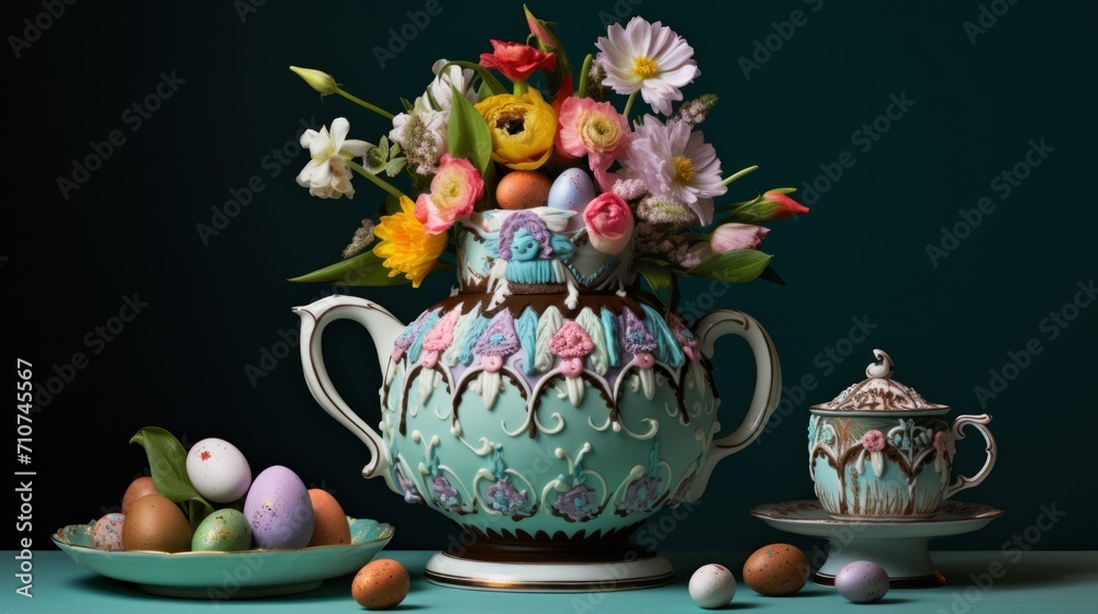  a teapot filled with lots of flowers next to a bowl of eggs and a bowl of flowers on a table.