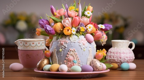  a cake sitting on top of a wooden table next to a cup and a vase filled with flowers and eggs. © Anna