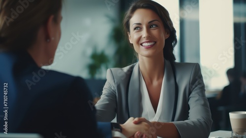 Happy mid aged business woman manager handshaking at office meeting. Smiling female hr hiring recruit at job interview, bank or insurance agent, lawyer making contract deal with client at work