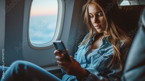 Woman Using Smartphone on Airplane