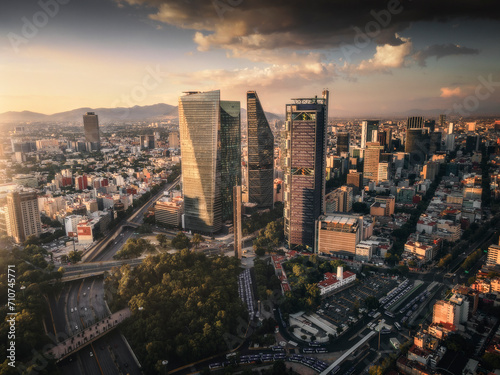 Aerial view of Mexico City financial district with skyscrapers and downtown at sunset, Mexico.