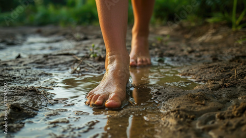 Refreshing Step - Human Feet Stepping in Clear Shallow Stream