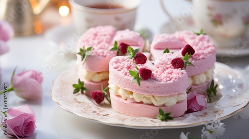  a white plate topped with a cake covered in pink frosting and raspberries next to a cup of tea.