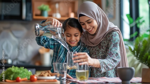 Happy Muslim mother pours water into daughter's glass during family meal at home. photo