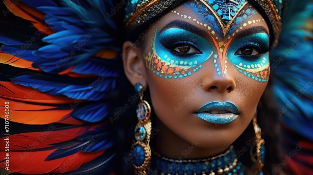 Vivid Carnival Queen with Blue Feather Headdress and Sparkling Makeup - Generative AI