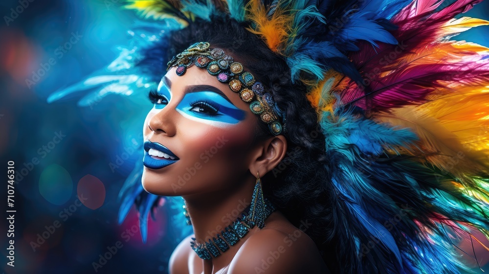 Vivid Carnival Queen with Blue Feather Headdress and Sparkling Makeup - Generative AI