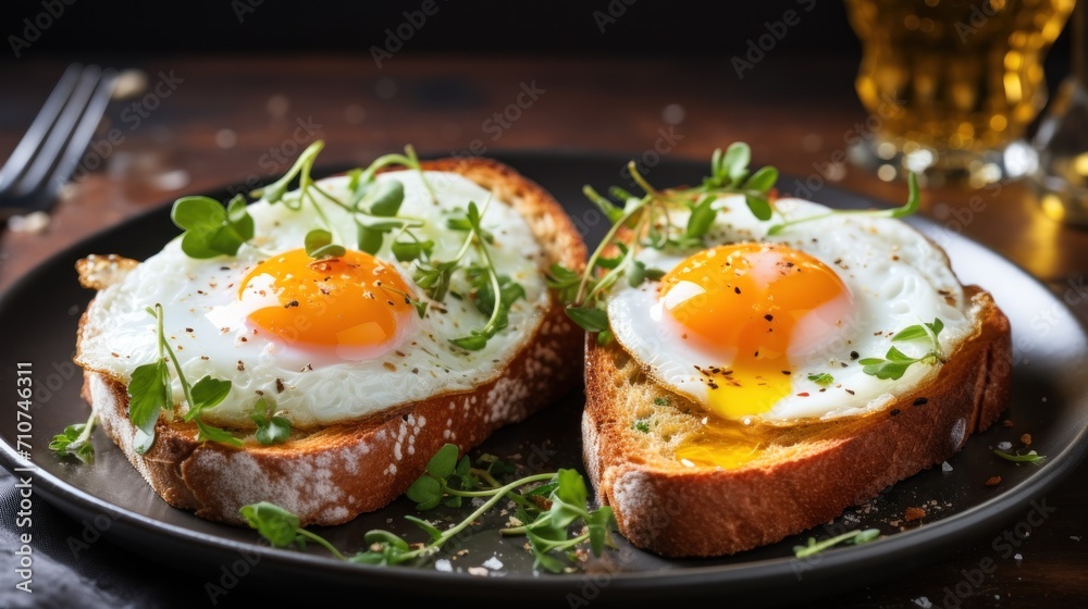  a black plate topped with two pieces of bread covered in an egg on top of a piece of bread next to a glass of beer.