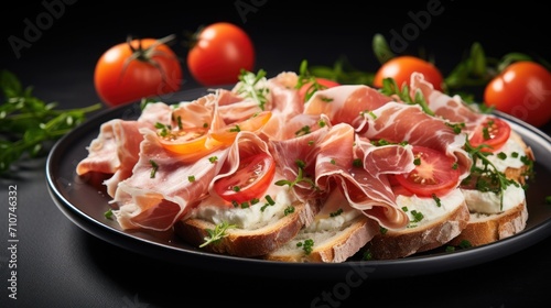  a close up of a plate of food with tomatoes and meats on a black surface with tomatoes in the background.