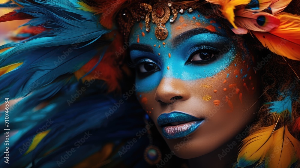 Vivid Carnival Queen with Blue Feather Headdress and Sparkling Makeup - Generative AI