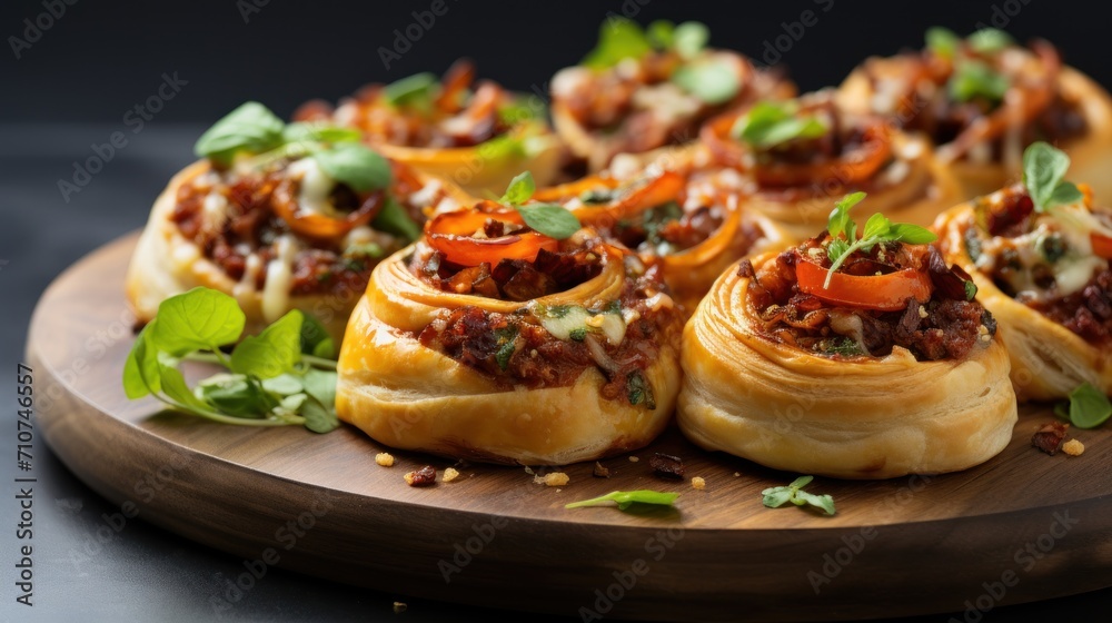  a wooden platter filled with lots of tasty looking food on top of a wooden platter on top of a table.