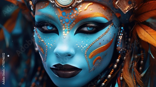 Vivid Carnival Queen with Blue Feather Headdress and Sparkling Makeup - Generative AI © Gelpi