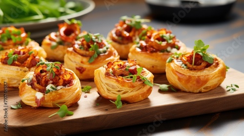  a wooden cutting board topped with mini pizzas covered in sauces and garnished with garnishes.