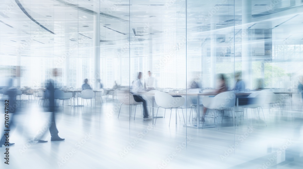 Dynamic motion: blurred business professionals in contemporary glass office environment