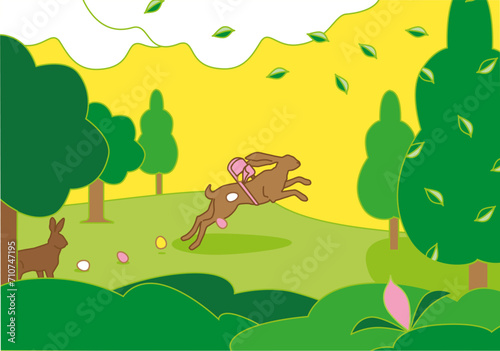 easter landscape theme with Rabbit who lose Easter Eggs