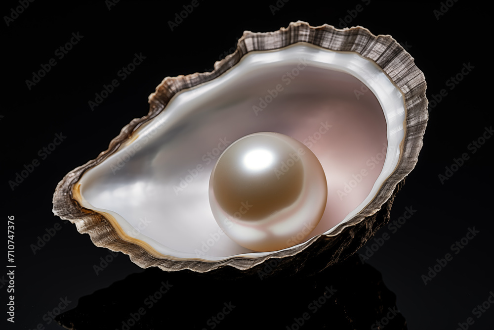 Shiny round pearl on marine oysters' shell and black background. Generative AI
Shiny round pearl on marine oysters' shell and black background. Generative AI