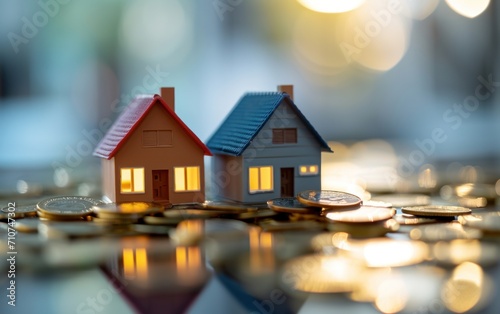 small house models are sitting on pile of Coins and reflection of metallic surface
