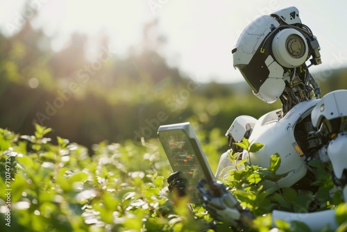 Modern Ai robot farmer in an agricultural green field with a digital tablet. Concept of future in agriculture and agro-farming