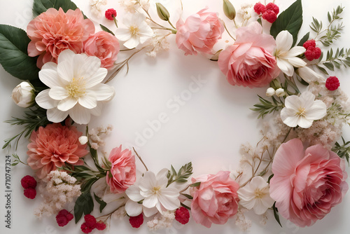 Beautiful assortment of flowers on a light background with space for text. Frame of flowers, buds and branches. Flat lay, top view. Generative AI.