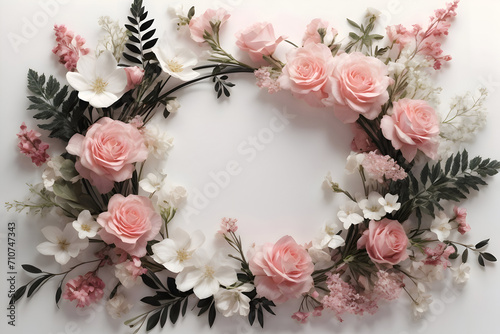 Beautiful assortment of flowers on a light background with space for text. Frame of flowers, buds and branches. Flat lay, top view. Generative AI. © nutalina