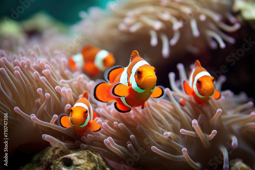 Several Clownfish or Anemonefish swimming around sea anemone. Generative AI © harysxu