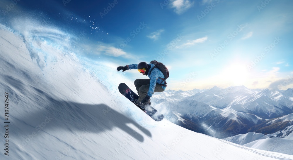 the snowboarder is airborne on a snowy slope
