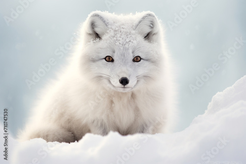 Close-Up of an Arctic fox (Vulpes lagopus) sitting in the snow © Alicia