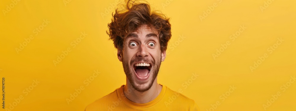 Caucasian Male Excited Yellow Backdrop Beautiful Person Generative AI