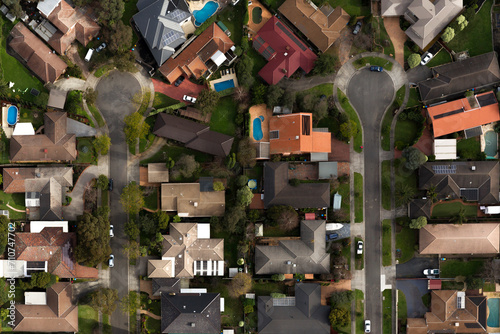 Aerial view of suburban neighborhood with mirroring dead-end streets creating a symmetrical and organized layout, Australia. photo