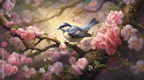  a painting of a bird sitting on a branch of a tree with pink flowers in the foreground and a yellow sky in the background. © Anna