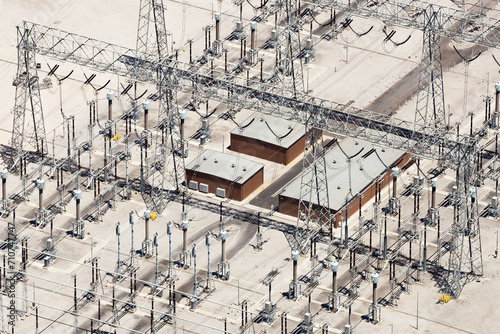 Aerial view of the details of a sprawling power station complex, Australia.