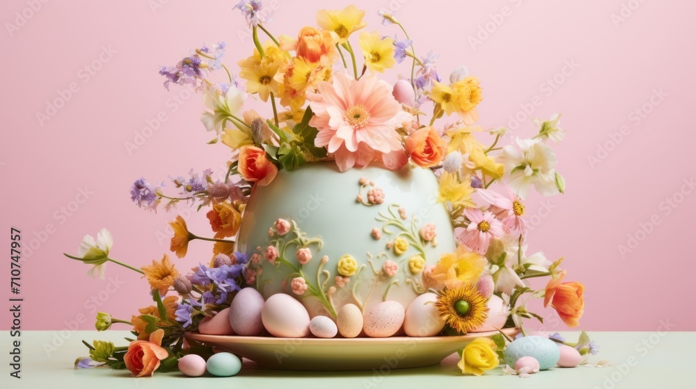 a cake decorated with flowers and eggs on a plate next to a plate of flowers and eggs on a table. a cake decorated with flowers and eggs on a plate next to a plate of flowers and eggs on a table.