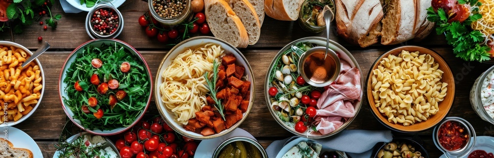 pasta, salad, bread, meat and more food pasta, salad, bread, meat and more food