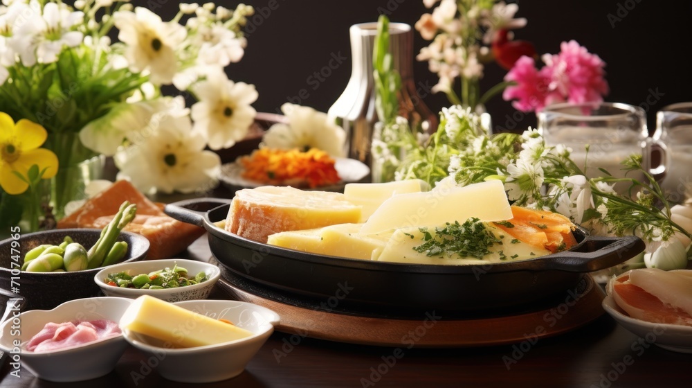 a table topped with plates of food and bowls of sauces and condiments on top of a wooden table. a table topped with plates of food and bowls of sauces and condiments on top of a wooden table.