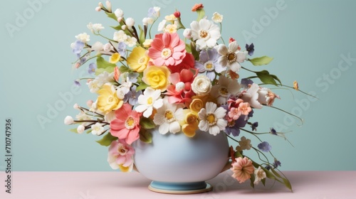  a blue vase filled with lots of colorful flowers on top of a pink and blue tableclothed surface with a light blue wall in the background.