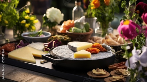  a platter of cheese, crackers, and flowers are on a table in front of a vase of flowers.