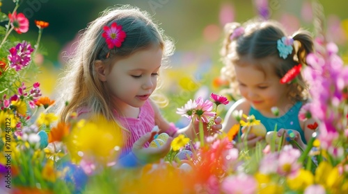 Children dressed in colorful Easter outfits, hunting for eggs in a vibrant garden filled with blooming flowers and green grass, the HD camera capturing their joy and excitement