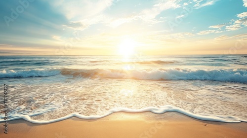 A pristine beach bathed in golden sunlight, inviting relaxation and tranquility