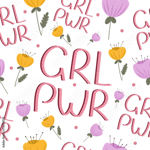 Beautiful women's day pattern with girl power lettering and delicate flowers on isolated background. Spring feminine theme. For seasonal decor, gift paper.