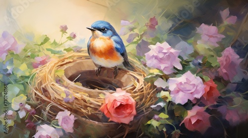  a painting of a bird sitting on top of a nest in a nest surrounded by pink and purple flowers on a sunny day. © Anna