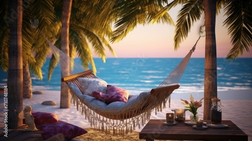hammock with pillows for relaxing, on the beach under palm trees against the backdrop of the sea, table with candles and flowers © yanapopovaiv