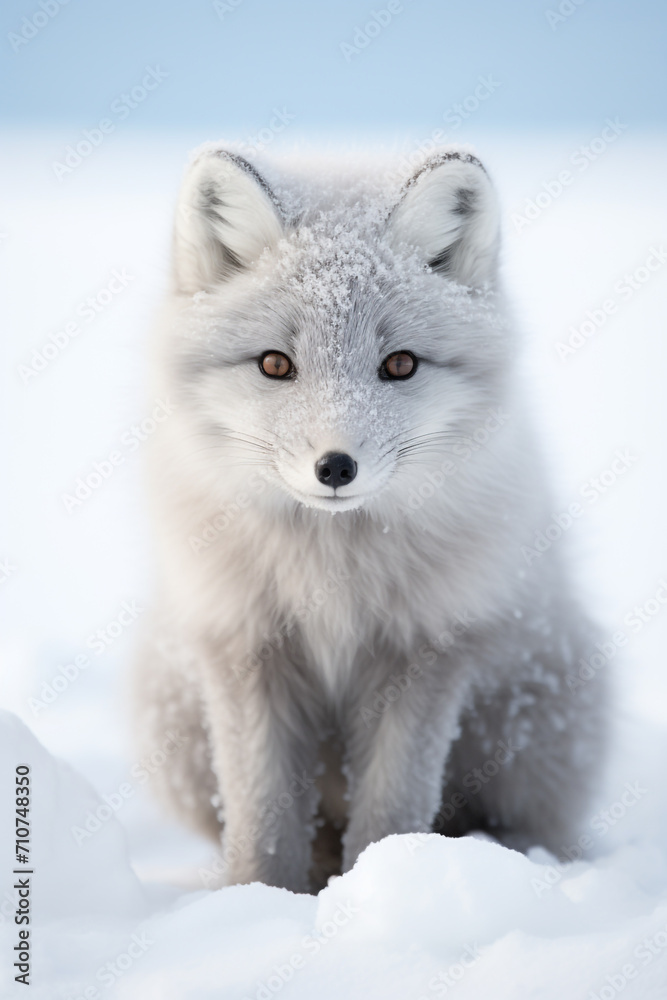 Close-Up of an Arctic fox (Vulpes lagopus) sitting in the snow Close-Up of an Arctic fox (Vulpes lagopus) sitting in the snow