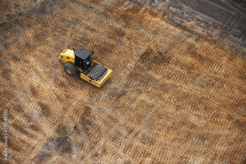 Aerial Perspective of a Compaction Roller in Action, Australia. photo