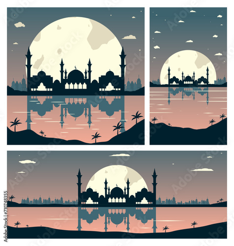 Collection of Mosque Silhouettes with Urban Buildings and Sunset Background 